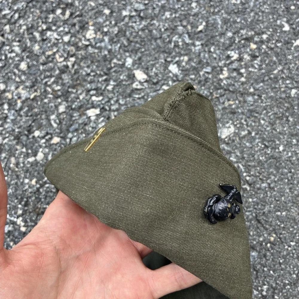USMC Marine Corps Garrison Cap Size In Photos Olive Green w/ Black EGA Insignia